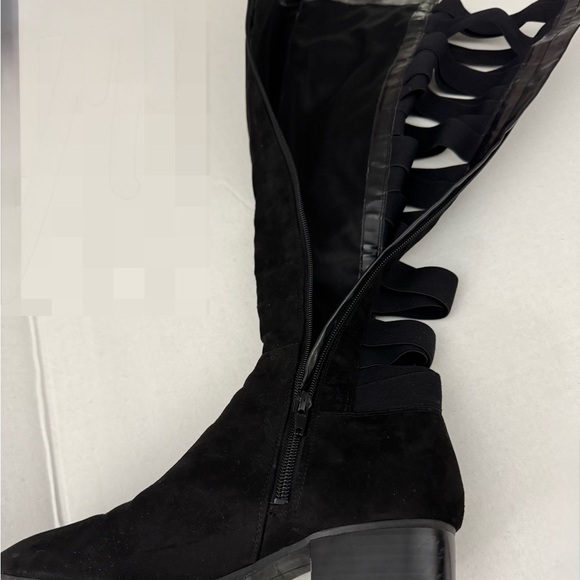 Nine West Suede Black Over Knee-High Boots Crisscross Stretchy Elastic Size 7.5 - Picture 10 of 11